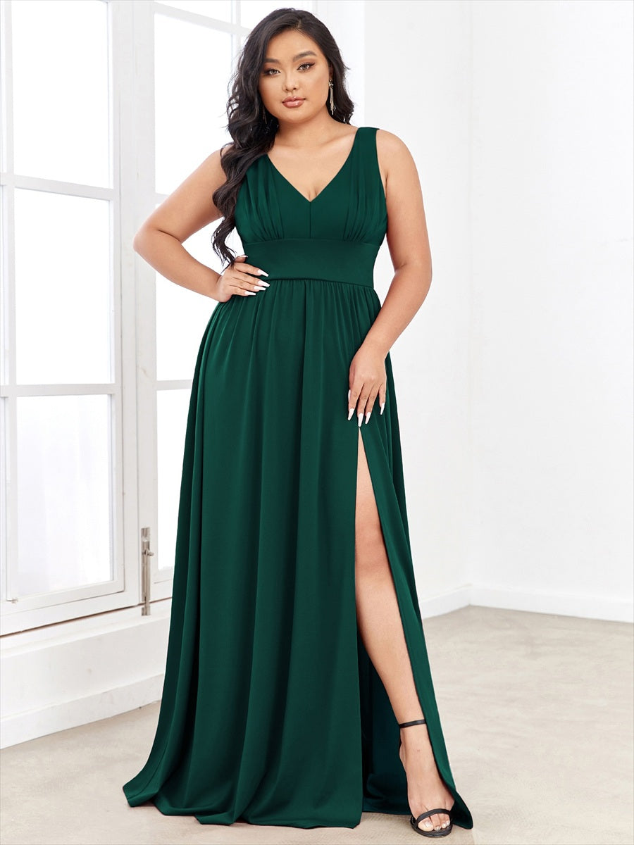 Doppelter V-Ausschnitt A-Linie Lang Ballkleid mit Schlitz Ballkleider #farbe_Dunkelgrün