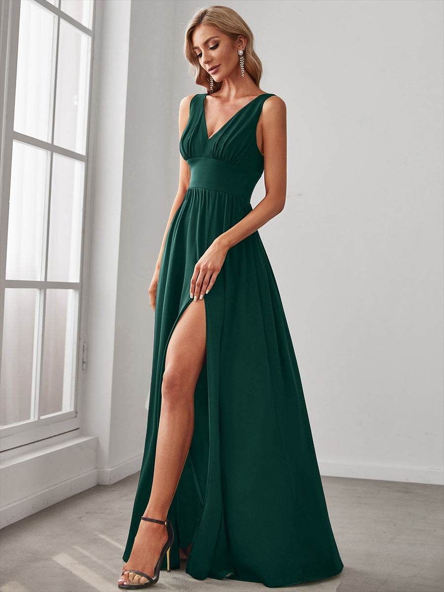 Doppelter V-Ausschnitt A-Linie Lang Ballkleid mit Schlitz Ballkleider #farbe_Dunkelgrün