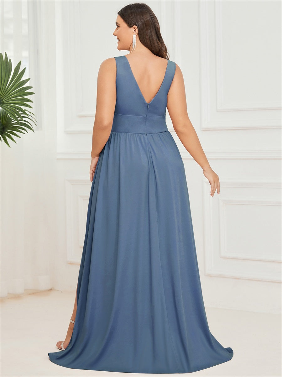 Doppelter V-Ausschnitt A-Linie Lang Ballkleid mit Schlitz Ballkleider #farbe_Taubenblau