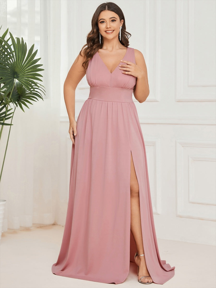 Doppelter V-Ausschnitt A-Linie Lang Ballkleid mit Schlitz Ballkleider #farbe_Altrosa