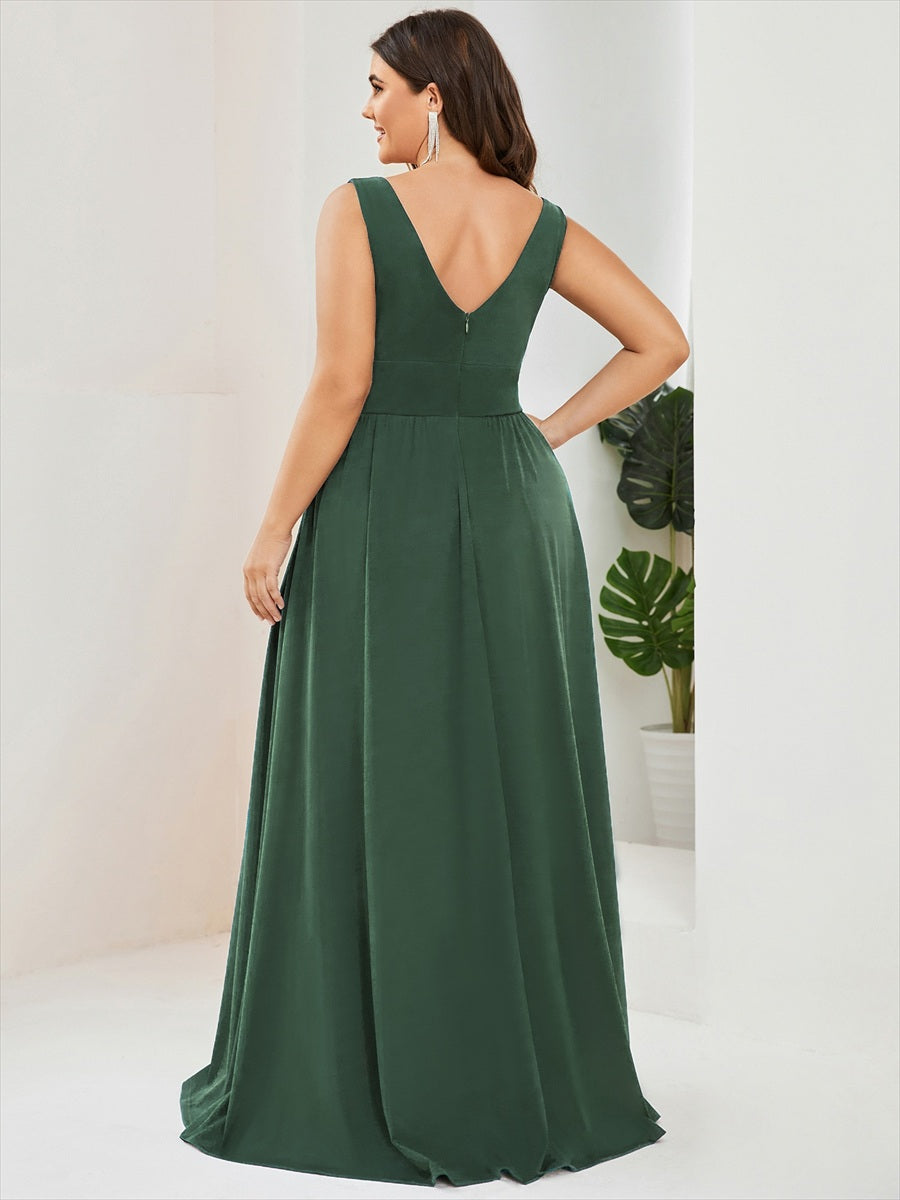 Doppelter V-Ausschnitt A-Linie Lang Ballkleid mit Schlitz Ballkleider #farbe_Eukalyptus