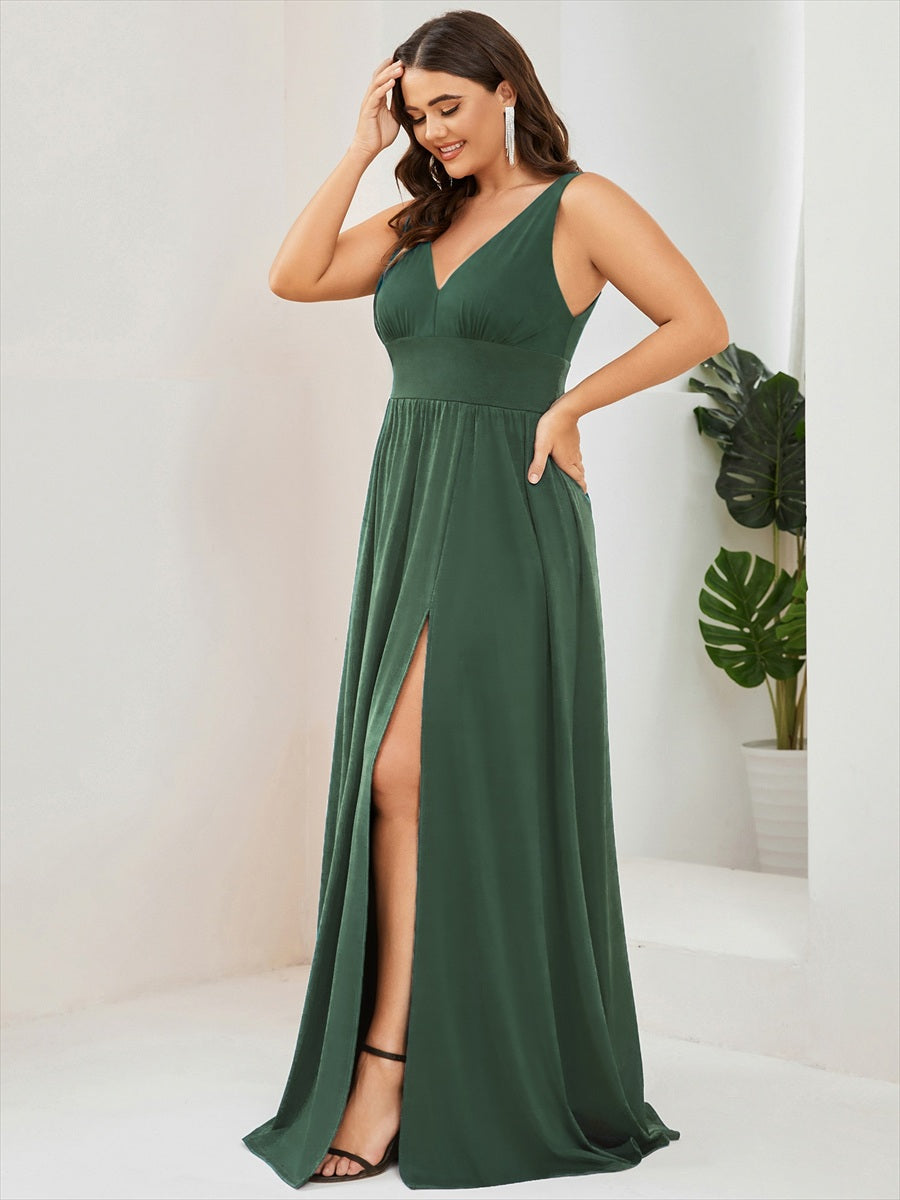 Doppelter V-Ausschnitt A-Linie Lang Ballkleid mit Schlitz Ballkleider #farbe_Eukalyptus