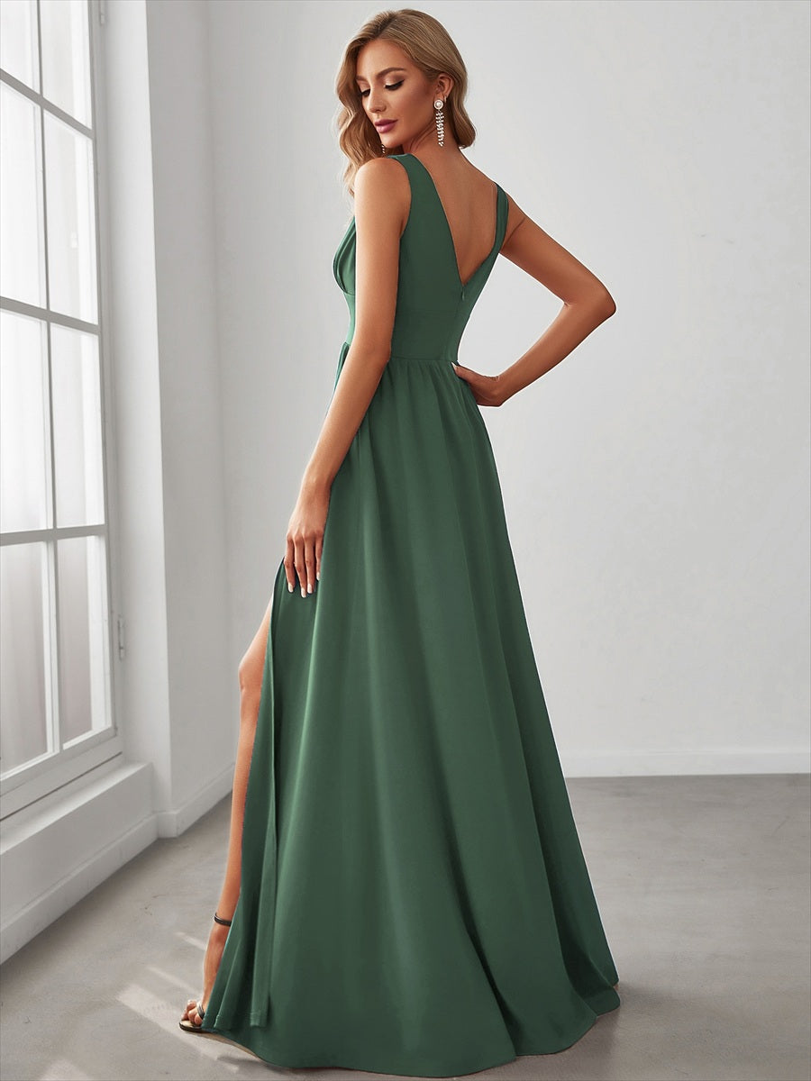 Doppelter V-Ausschnitt A-Linie Lang Ballkleid mit Schlitz Ballkleider #farbe_Eukalyptus