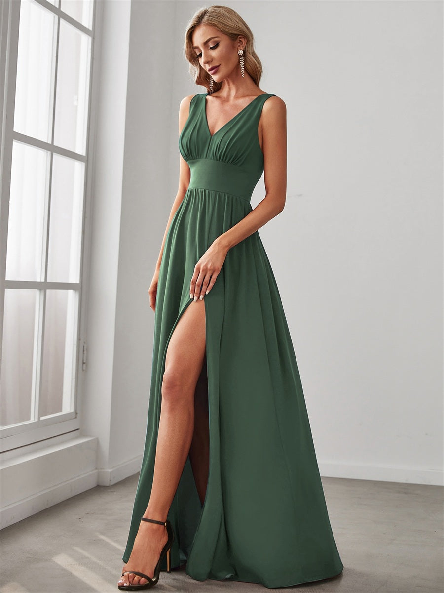 Doppelter V-Ausschnitt A-Linie Lang Ballkleid mit Schlitz Ballkleider #farbe_Eukalyptus