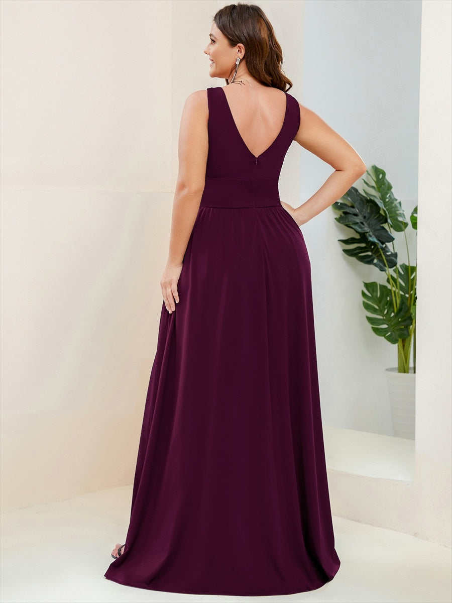 Doppelter V-Ausschnitt A-Linie Lang Ballkleid mit Schlitz Ballkleider #farbe_Maulbeerrot