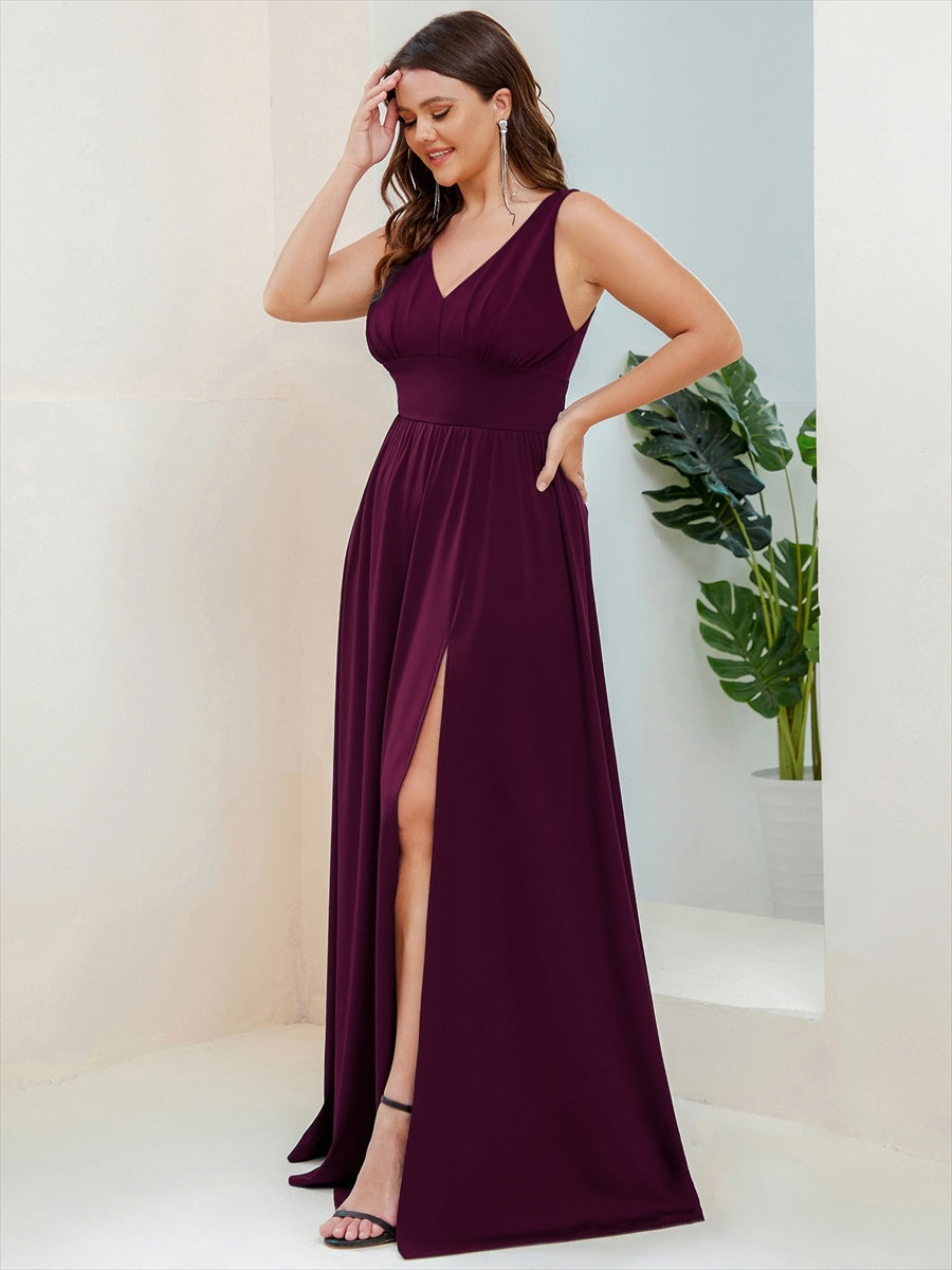 Doppelter V-Ausschnitt A-Linie Lang Ballkleid mit Schlitz Ballkleider #farbe_Maulbeerrot