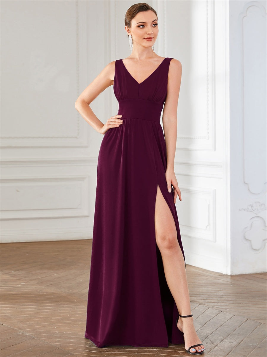 Doppelter V-Ausschnitt A-Linie Lang Ballkleid mit Schlitz Ballkleider #farbe_Maulbeerrot