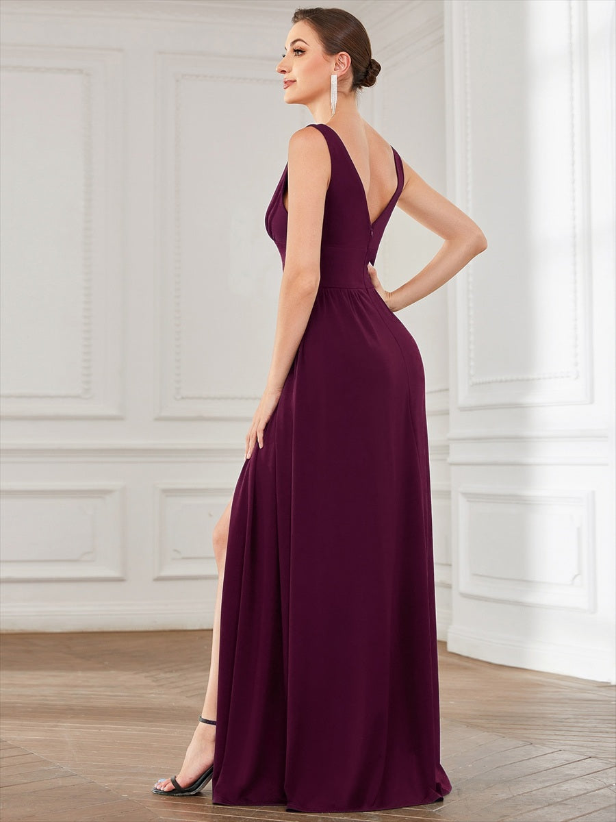 Doppelter V-Ausschnitt A-Linie Lang Ballkleid mit Schlitz Ballkleider #farbe_Maulbeerrot