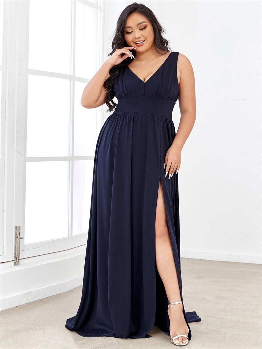 Doppelter V-Ausschnitt A-Linie Lang Ballkleid mit Schlitz Ballkleider #farbe_Marineblau