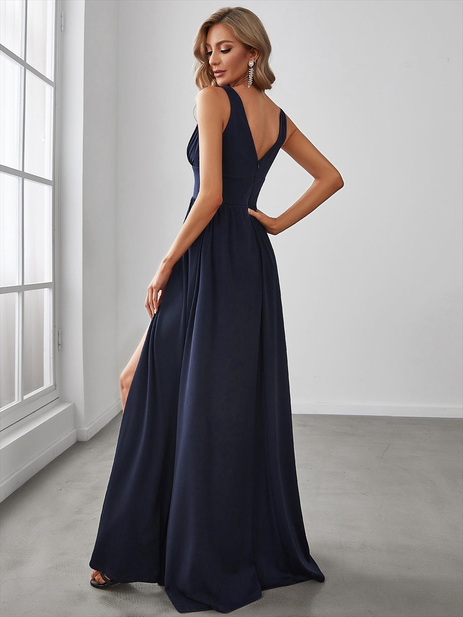 Doppelter V-Ausschnitt A-Linie Lang Ballkleid mit Schlitz Ballkleider #farbe_Marineblau