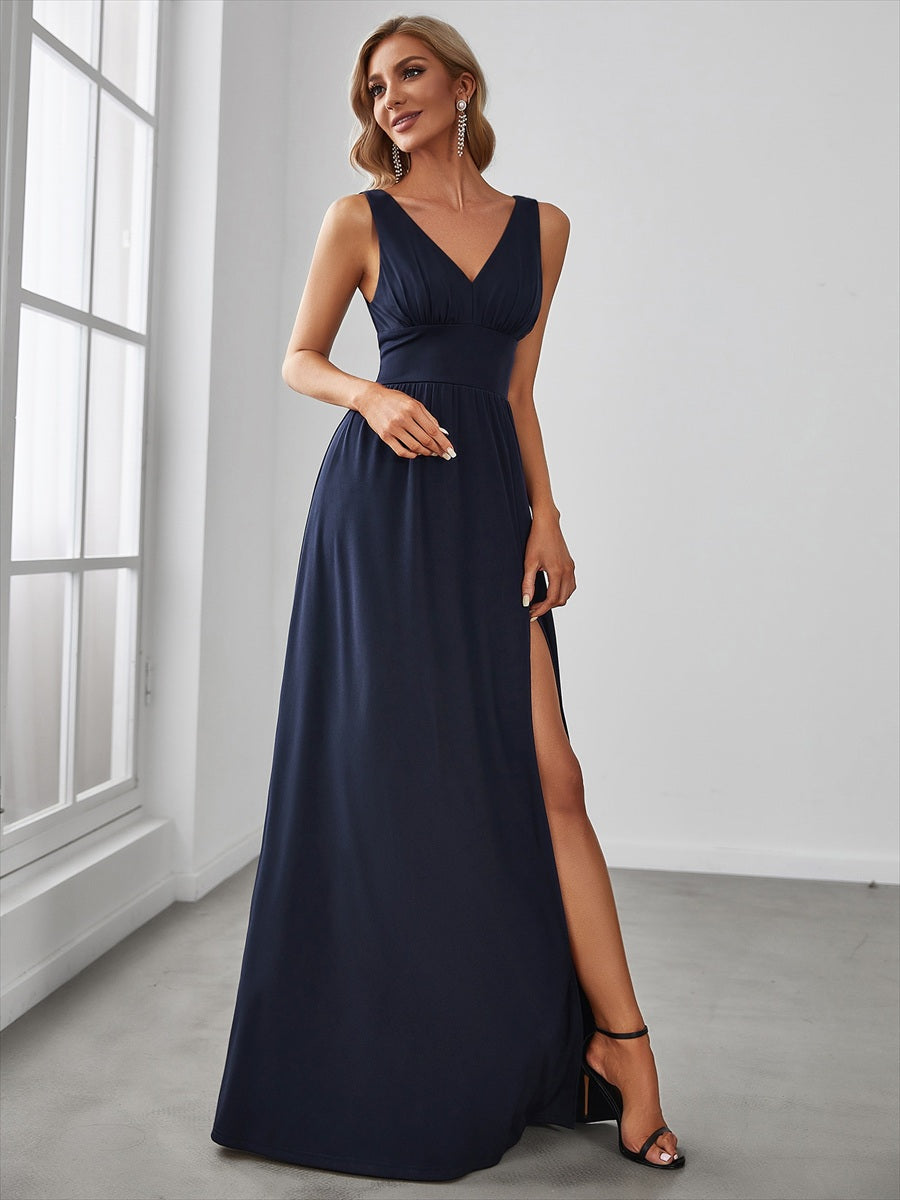 Doppelter V-Ausschnitt A-Linie Lang Ballkleid mit Schlitz Ballkleider #farbe_Marineblau