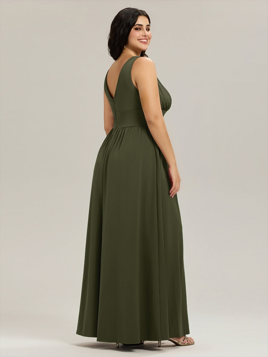 Doppelter V-Ausschnitt A-Linie Lang Ballkleid mit Schlitz Ballkleider #farbe_Olivgrün