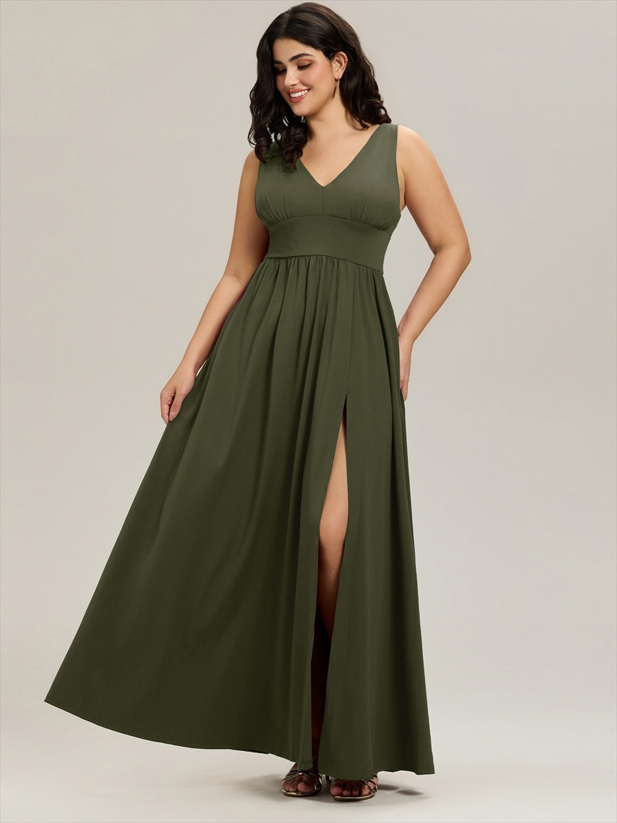Doppelter V-Ausschnitt A-Linie Lang Ballkleid mit Schlitz Ballkleider #farbe_Olivgrün
