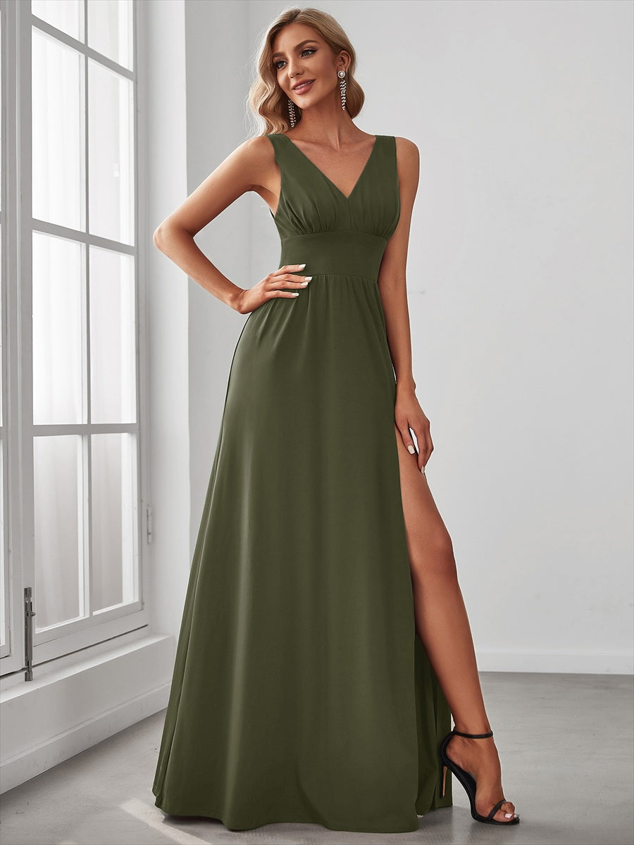 Doppelter V-Ausschnitt A-Linie Lang Ballkleid mit Schlitz Ballkleider #farbe_Olivgrün