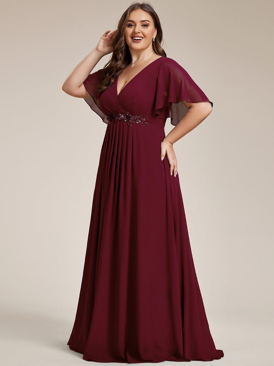 Funkelndes Abendkleid in A-Linie mit Empire-Taille und langen ?rmeln #farbe_Burgundy