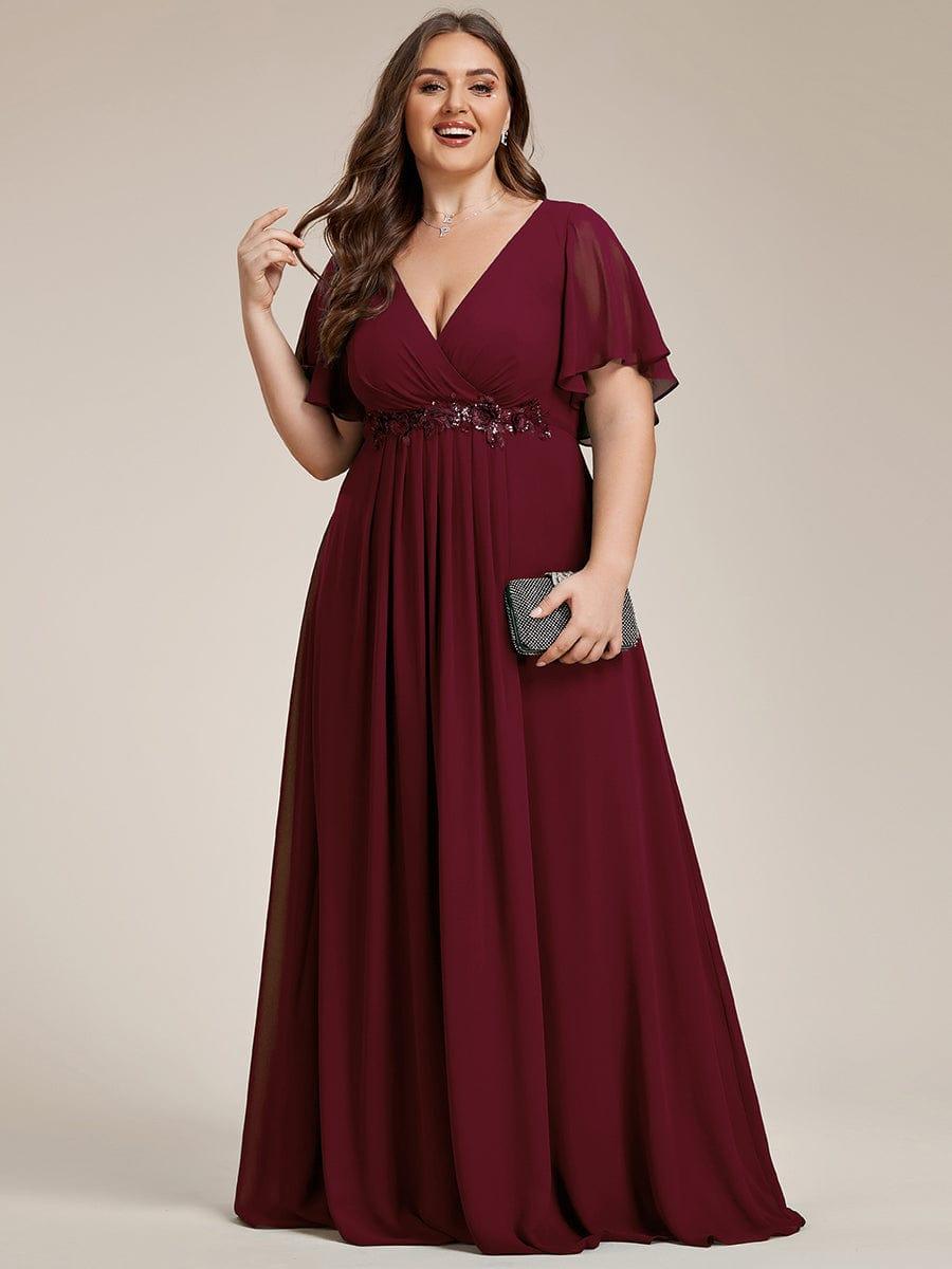 Funkelndes Abendkleid in A-Linie mit Empire-Taille und langen ?rmeln #farbe_Burgundy
