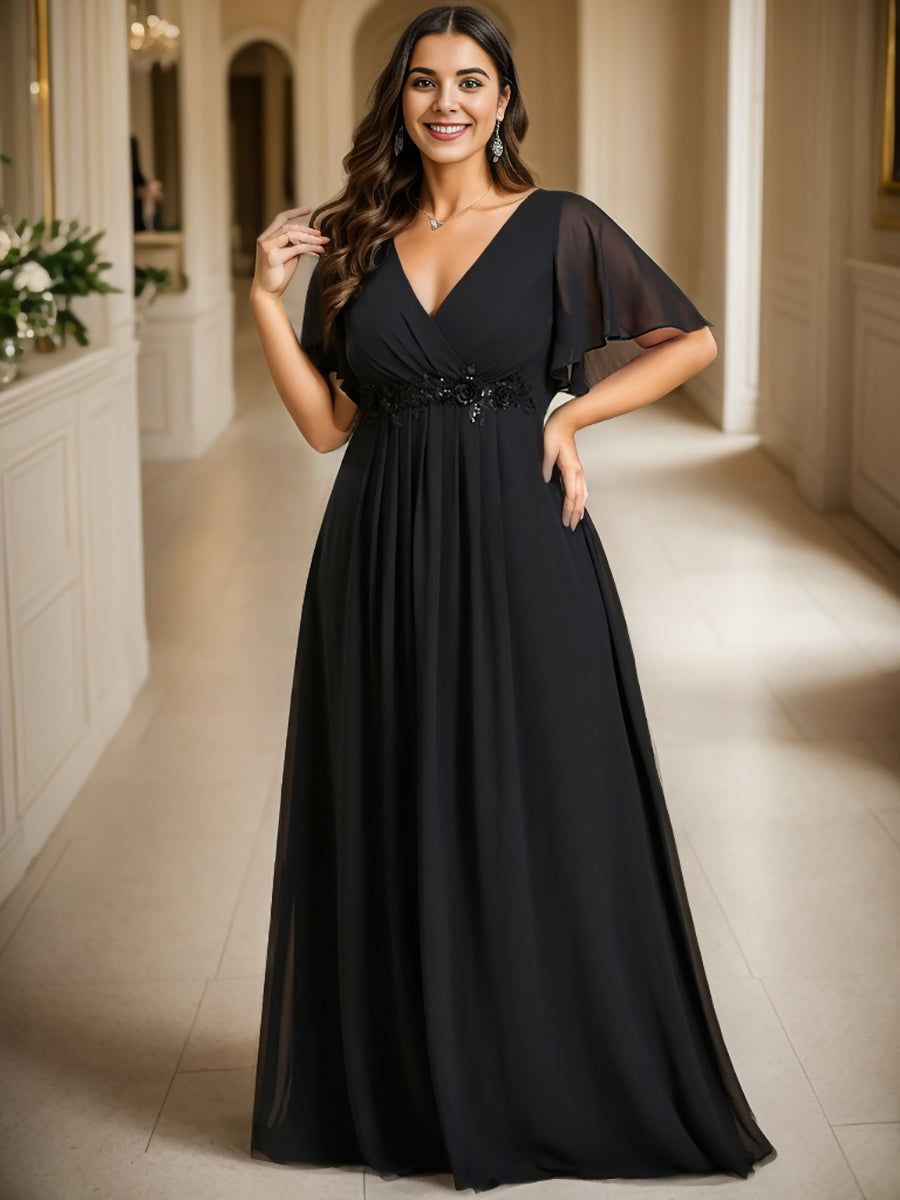 Funkelndes Abendkleid in A-Linie mit Empire-Taille und langen ?rmeln #farbe_Schwarz