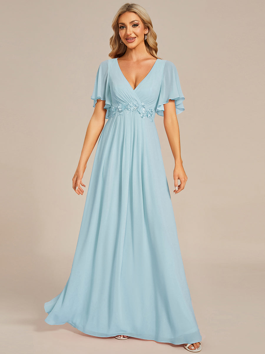 Funkelndes Abendkleid in A-Linie mit Empire-Taille und langen ?rmeln #farbe_Himmelblau