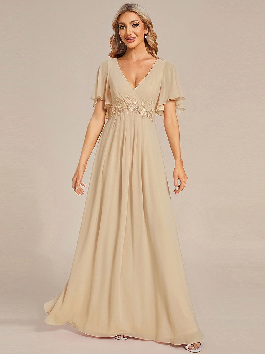 Funkelndes Abendkleid in A-Linie mit Empire-Taille und langen ?rmeln #farbe_Champagner