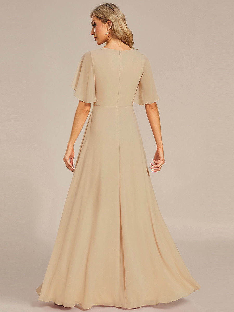 Funkelndes Abendkleid in A-Linie mit Empire-Taille und langen ?rmeln #farbe_Champagner