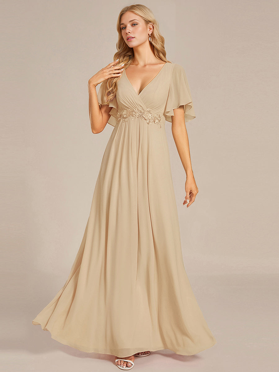 Funkelndes Abendkleid in A-Linie mit Empire-Taille und langen ?rmeln #farbe_Champagner