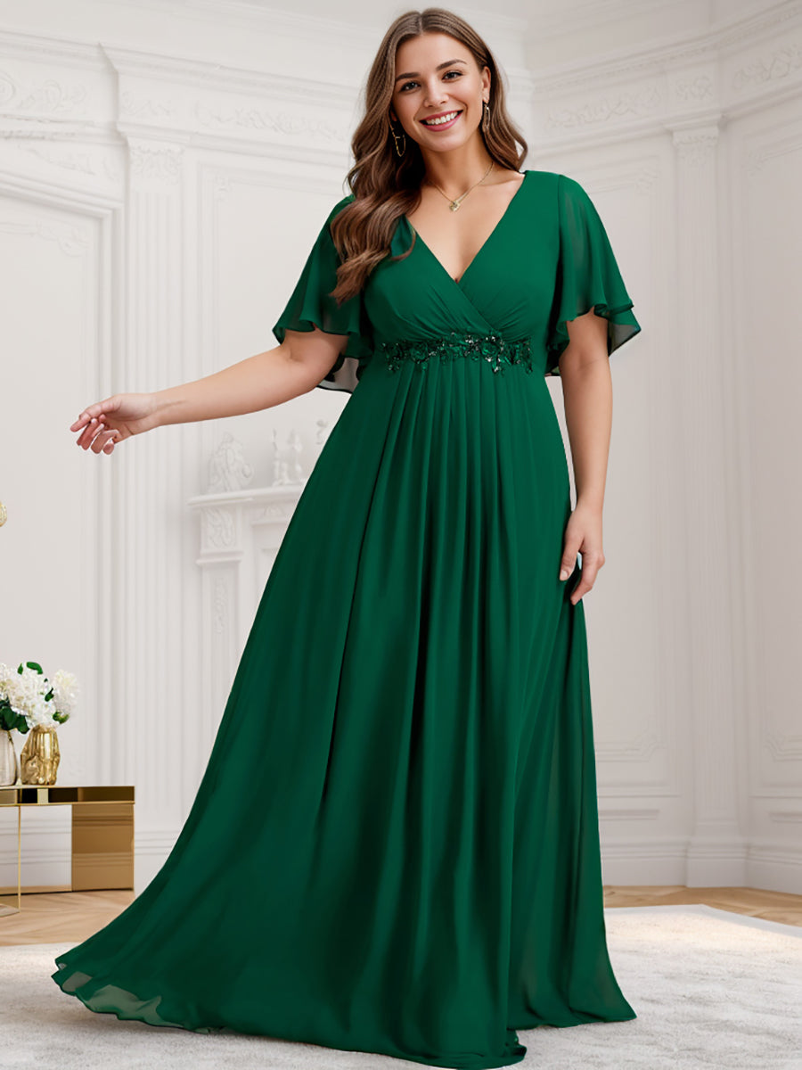 Funkelndes Abendkleid in A-Linie mit Empire-Taille und langen ?rmeln #farbe_Dunkelgrün