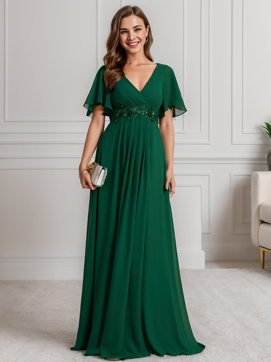 Funkelndes Abendkleid in A-Linie mit Empire-Taille und langen ?rmeln #farbe_Dunkelgrün