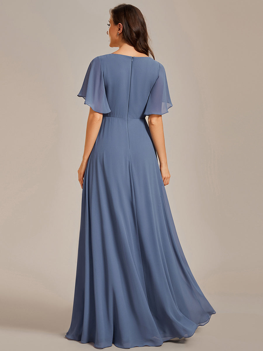 Funkelndes Abendkleid in A-Linie mit Empire-Taille und langen ?rmeln #farbe_Taubenblau