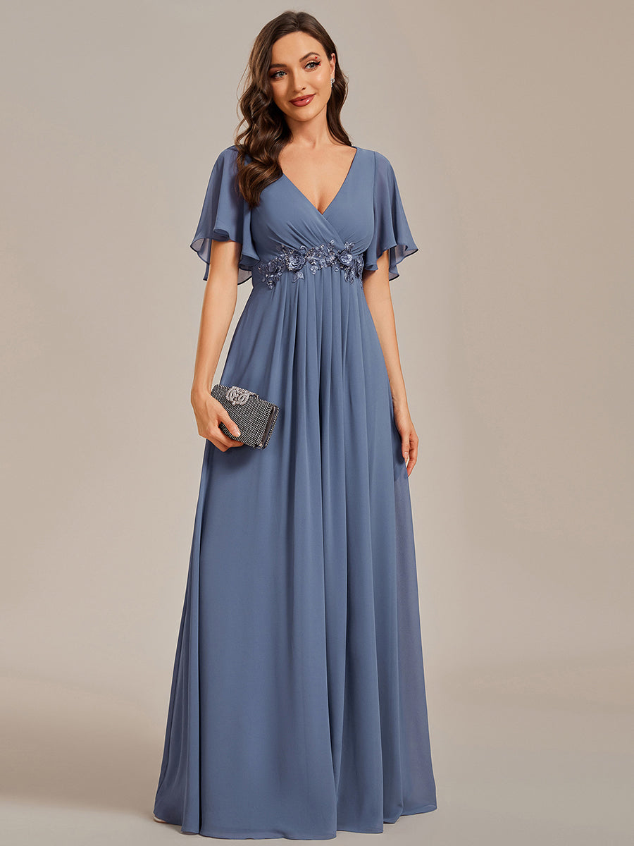 Funkelndes Abendkleid in A-Linie mit Empire-Taille und langen ?rmeln #farbe_Taubenblau
