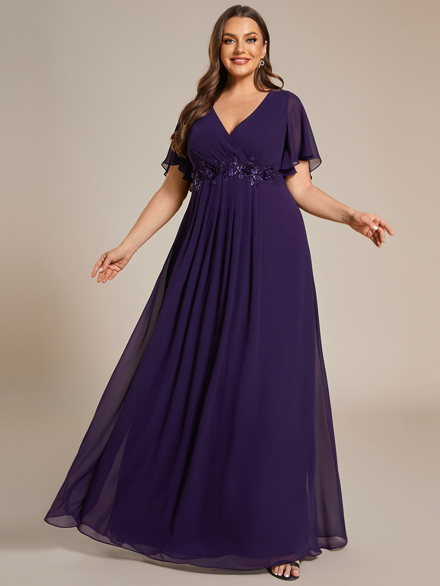 Funkelndes Abendkleid in A-Linie mit Empire-Taille und langen ?rmeln #farbe_Dunkelviolett