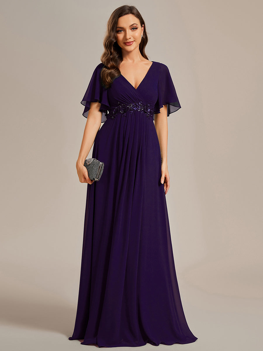 Funkelndes Abendkleid in A-Linie mit Empire-Taille und langen ?rmeln #farbe_Dunkelviolett