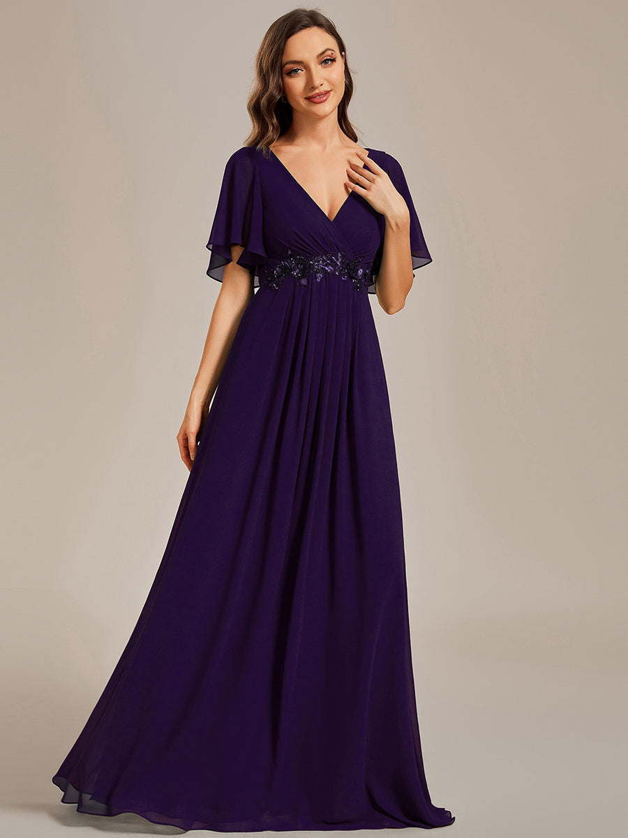 Funkelndes Abendkleid in A-Linie mit Empire-Taille und langen ?rmeln #farbe_Dunkelviolett