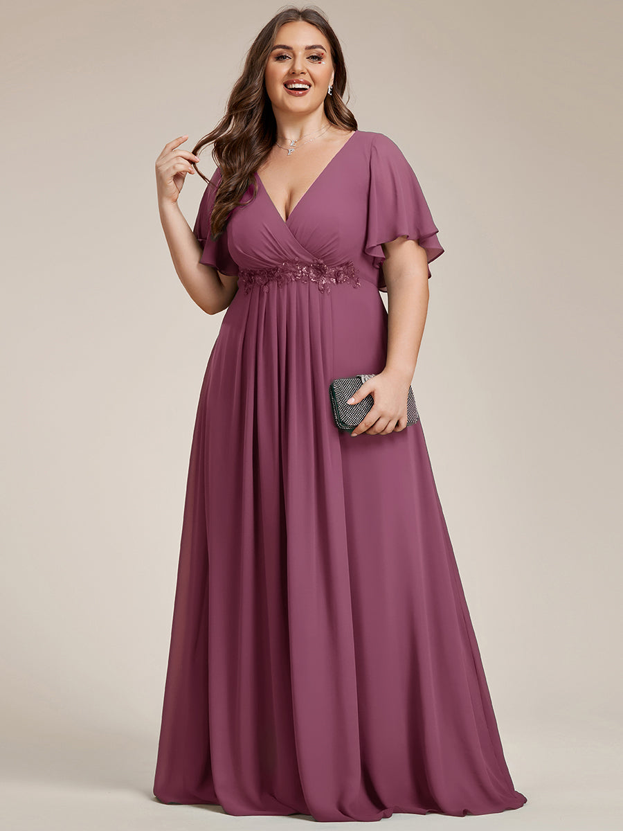 Funkelndes Abendkleid in A-Linie mit Empire-Taille und langen ?rmeln #farbe_Pflaumenviolett
