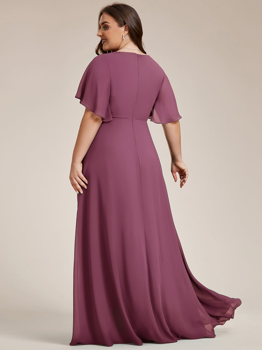 Funkelndes Abendkleid in A-Linie mit Empire-Taille und langen ?rmeln #farbe_Pflaumenviolett