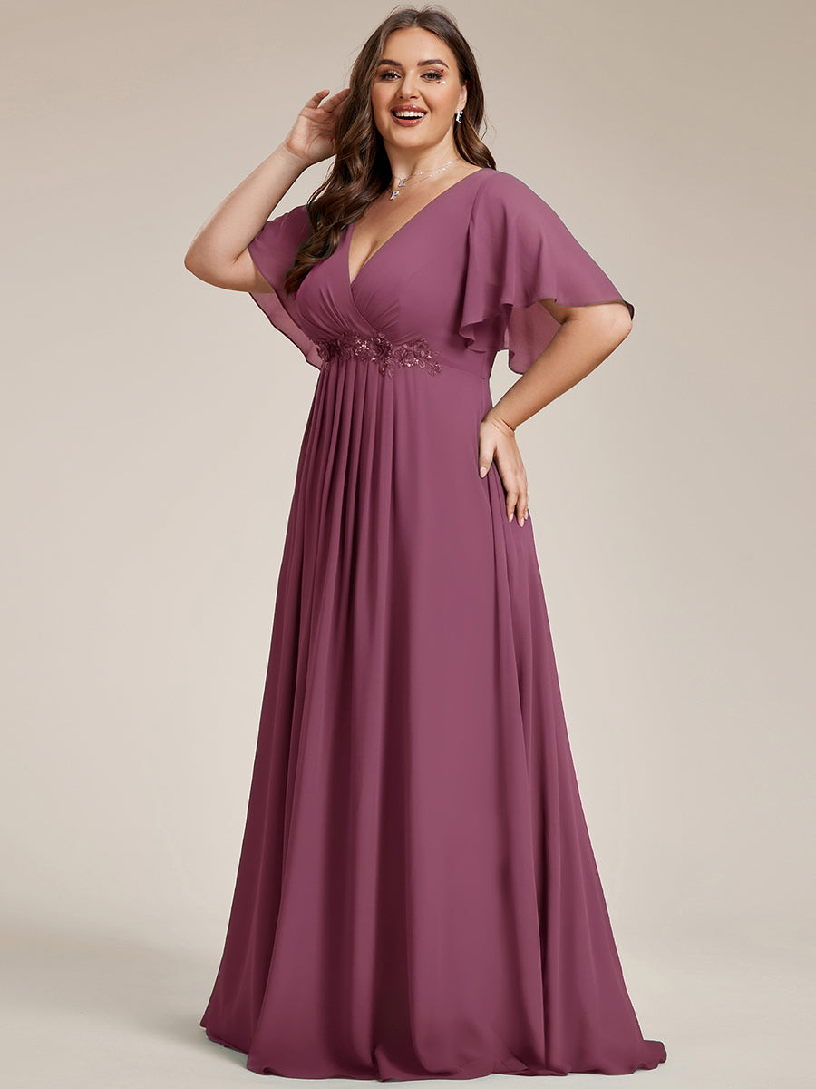 Funkelndes Abendkleid in A-Linie mit Empire-Taille und langen ?rmeln #farbe_Pflaumenviolett