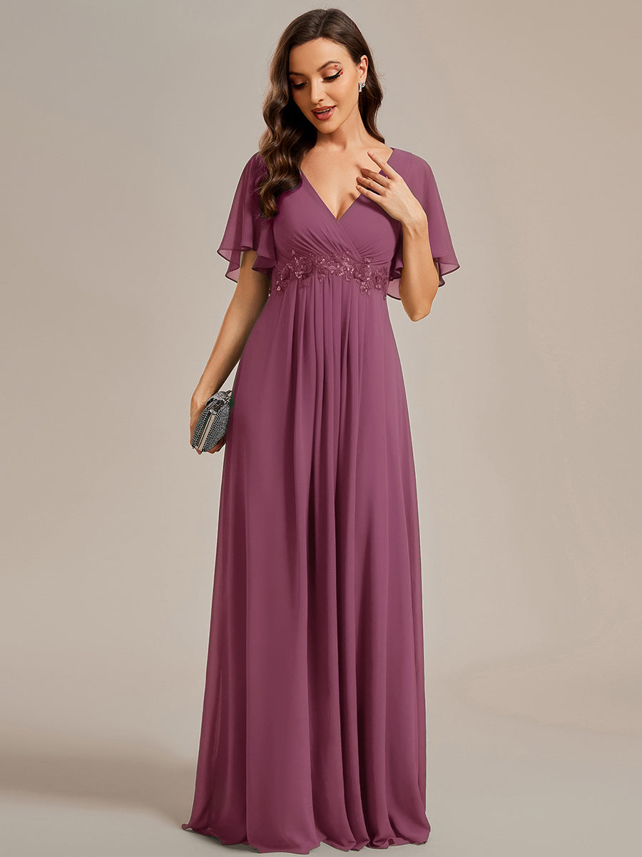 Funkelndes Abendkleid in A-Linie mit Empire-Taille und langen ?rmeln #farbe_Pflaumenviolett