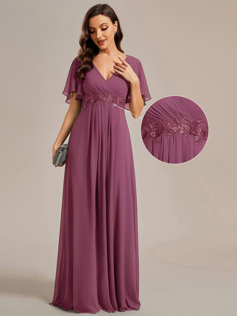 Funkelndes Abendkleid in A-Linie mit Empire-Taille und langen ?rmeln #farbe_Pflaumenviolett