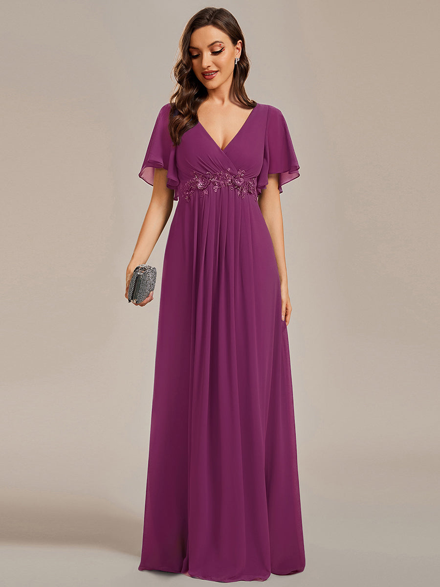 Funkelndes Abendkleid in A-Linie mit Empire-Taille und langen ?rmeln #farbe_Fuchsia