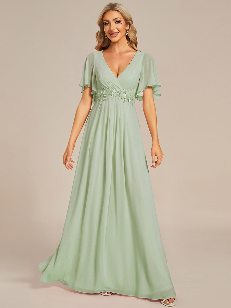 Funkelndes Abendkleid in A-Linie mit Empire-Taille und langen ?rmeln #farbe_Mintgrün
