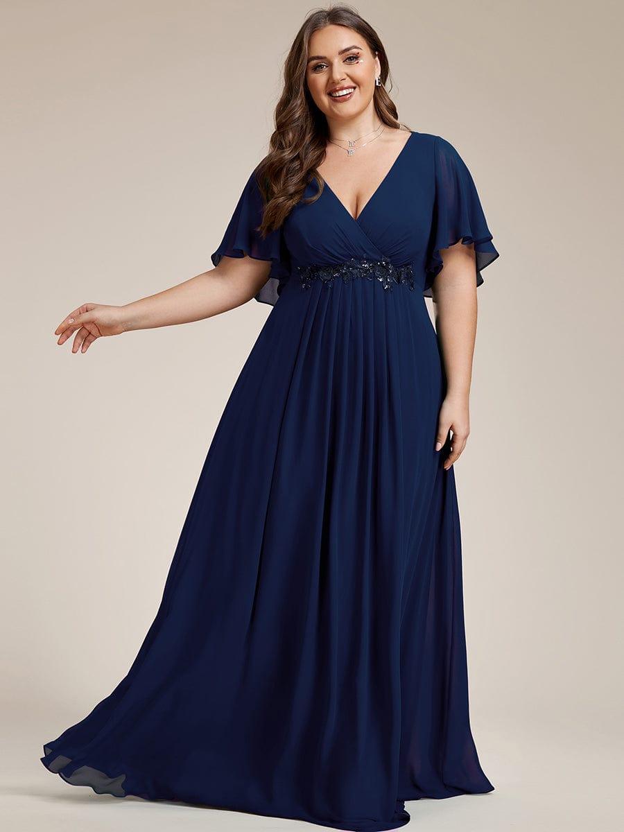 Funkelndes Abendkleid in A-Linie mit Empire-Taille und langen ?rmeln #farbe_Navy Blau