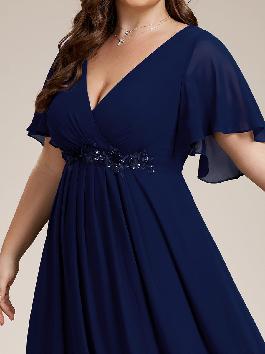 Funkelndes Abendkleid in A-Linie mit Empire-Taille und langen ?rmeln #farbe_Marineblau