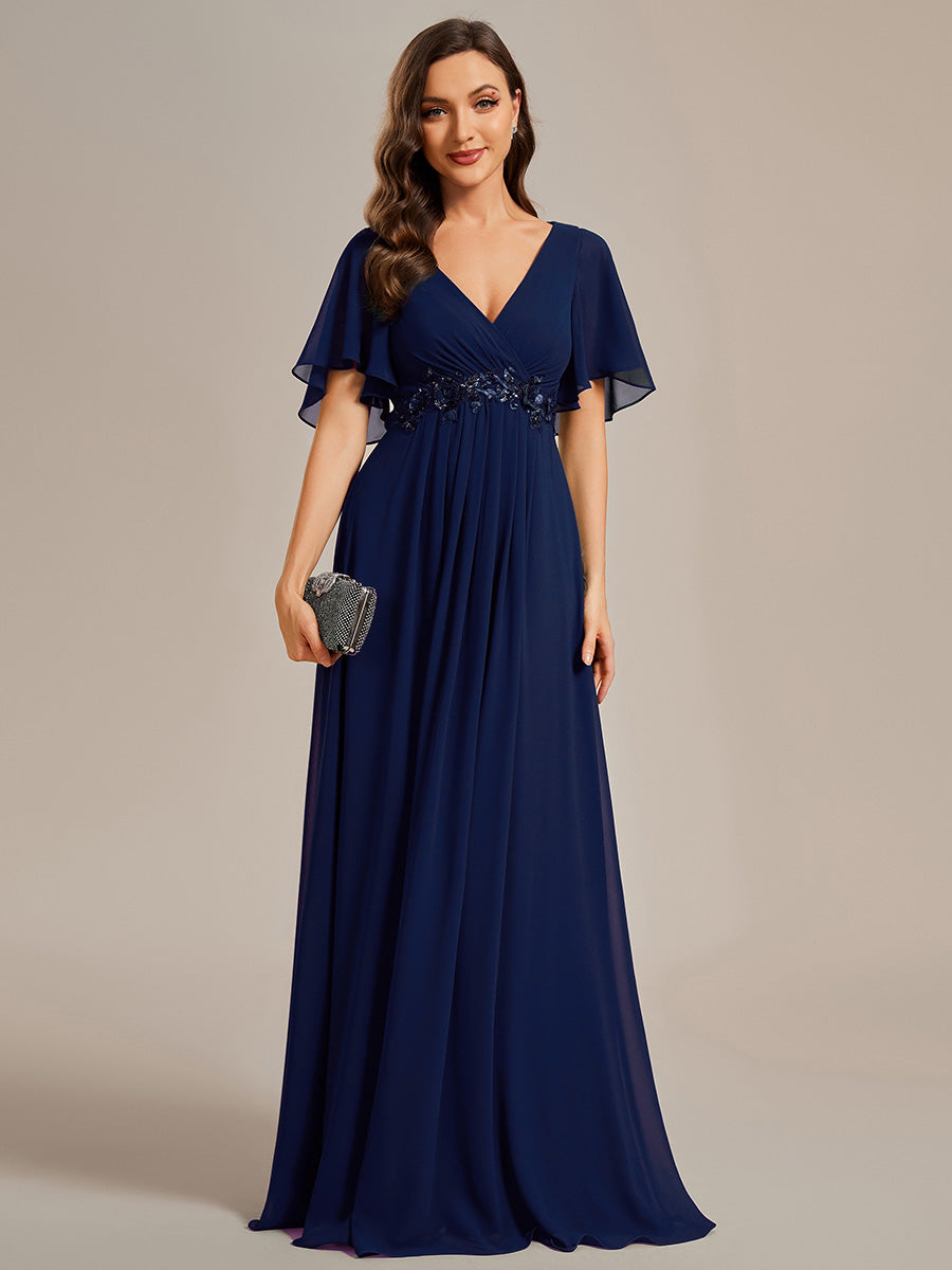 Funkelndes Abendkleid in A-Linie mit Empire-Taille und langen ?rmeln #farbe_Marineblau