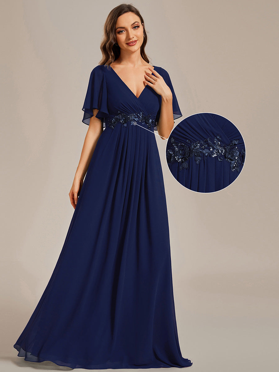 Funkelndes Abendkleid in A-Linie mit Empire-Taille und langen ?rmeln #farbe_Marineblau