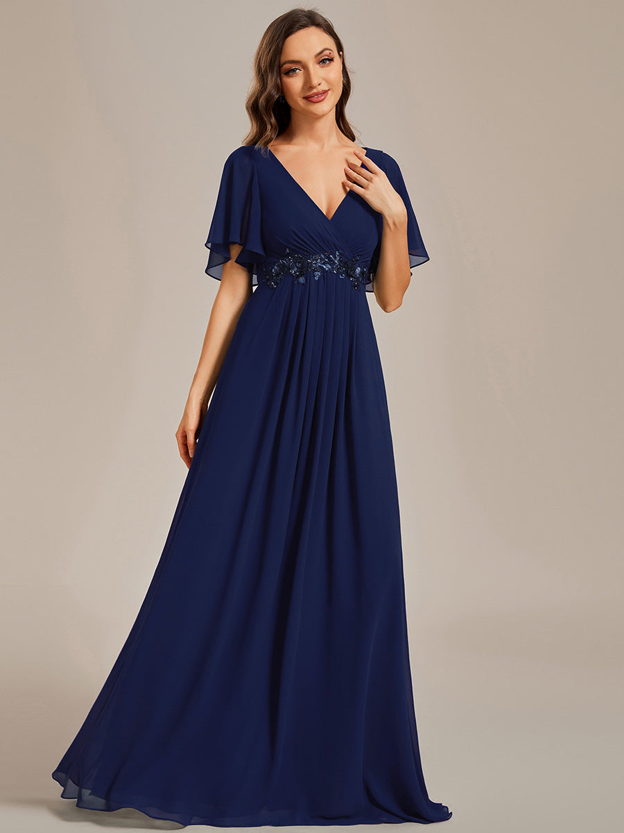 Funkelndes Abendkleid in A-Linie mit Empire-Taille und langen ?rmeln #farbe_Marineblau