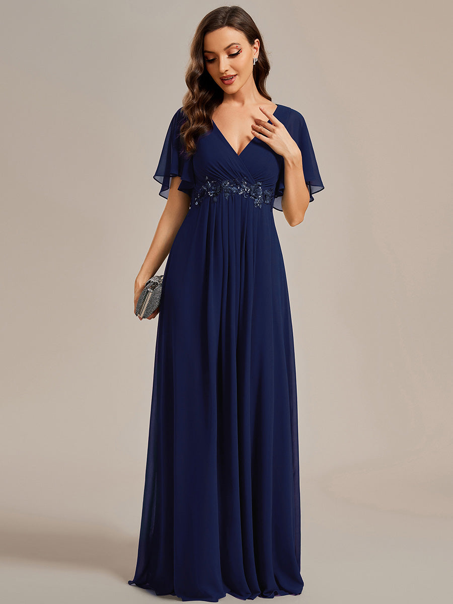 Funkelndes Abendkleid in A-Linie mit Empire-Taille und langen ?rmeln #farbe_Marineblau
