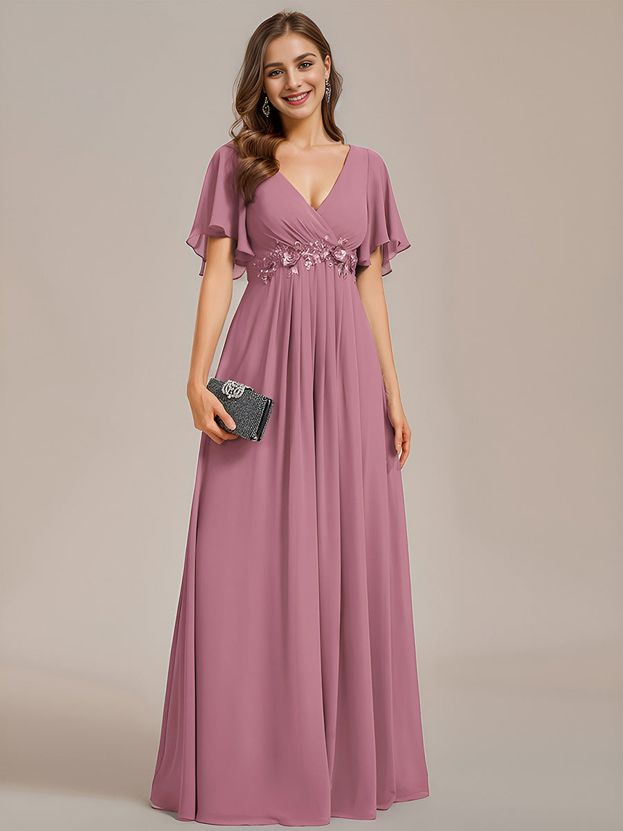 Funkelndes Abendkleid in A-Linie mit Empire-Taille und langen ?rmeln #farbe_Orchideenviolett