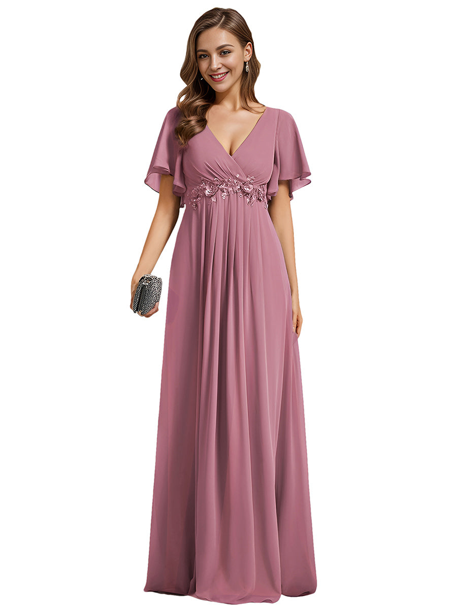 Funkelndes Abendkleid in A-Linie mit Empire-Taille und langen ?rmeln #farbe_Orchideenviolett