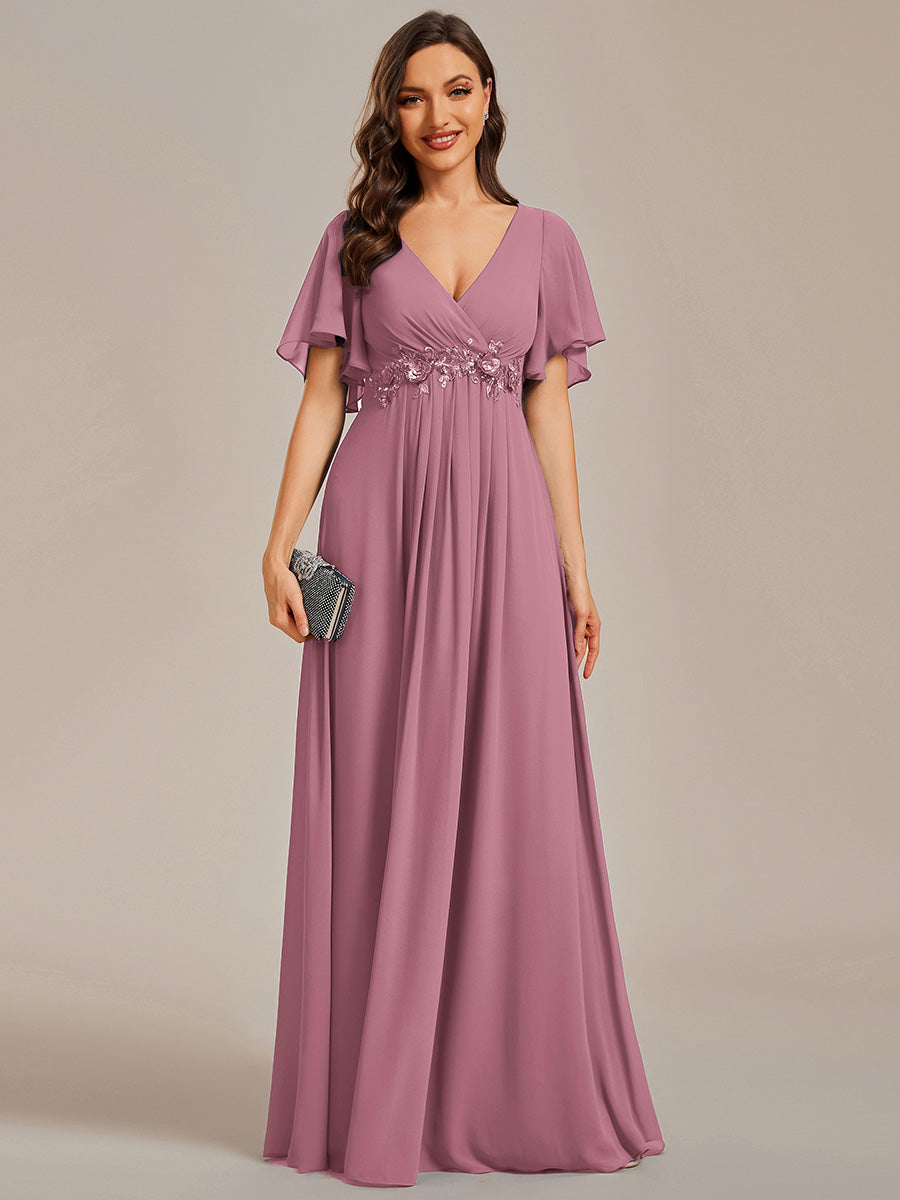 Funkelndes Abendkleid in A-Linie mit Empire-Taille und langen ?rmeln #farbe_Orchideenviolett
