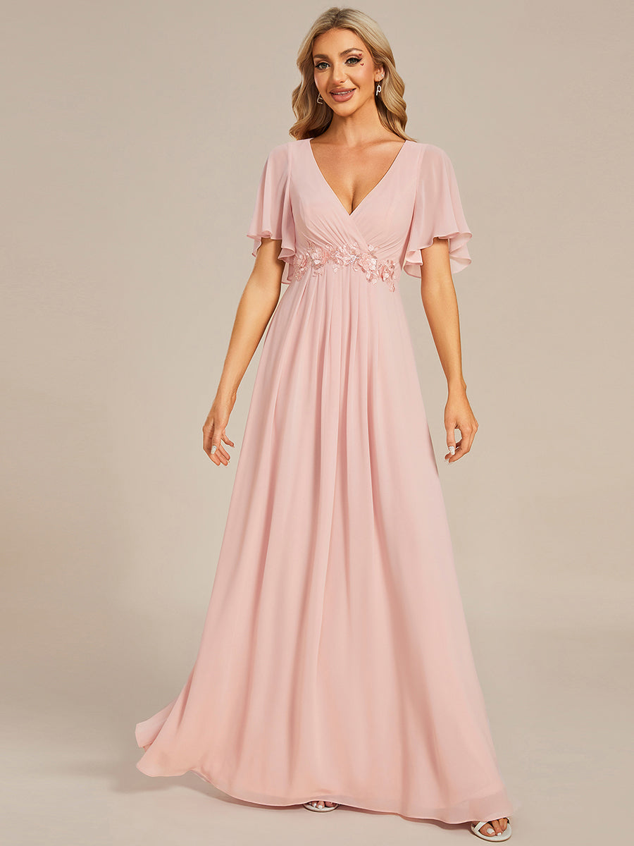 Funkelndes Abendkleid in A-Linie mit Empire-Taille und langen ?rmeln #farbe_Pink