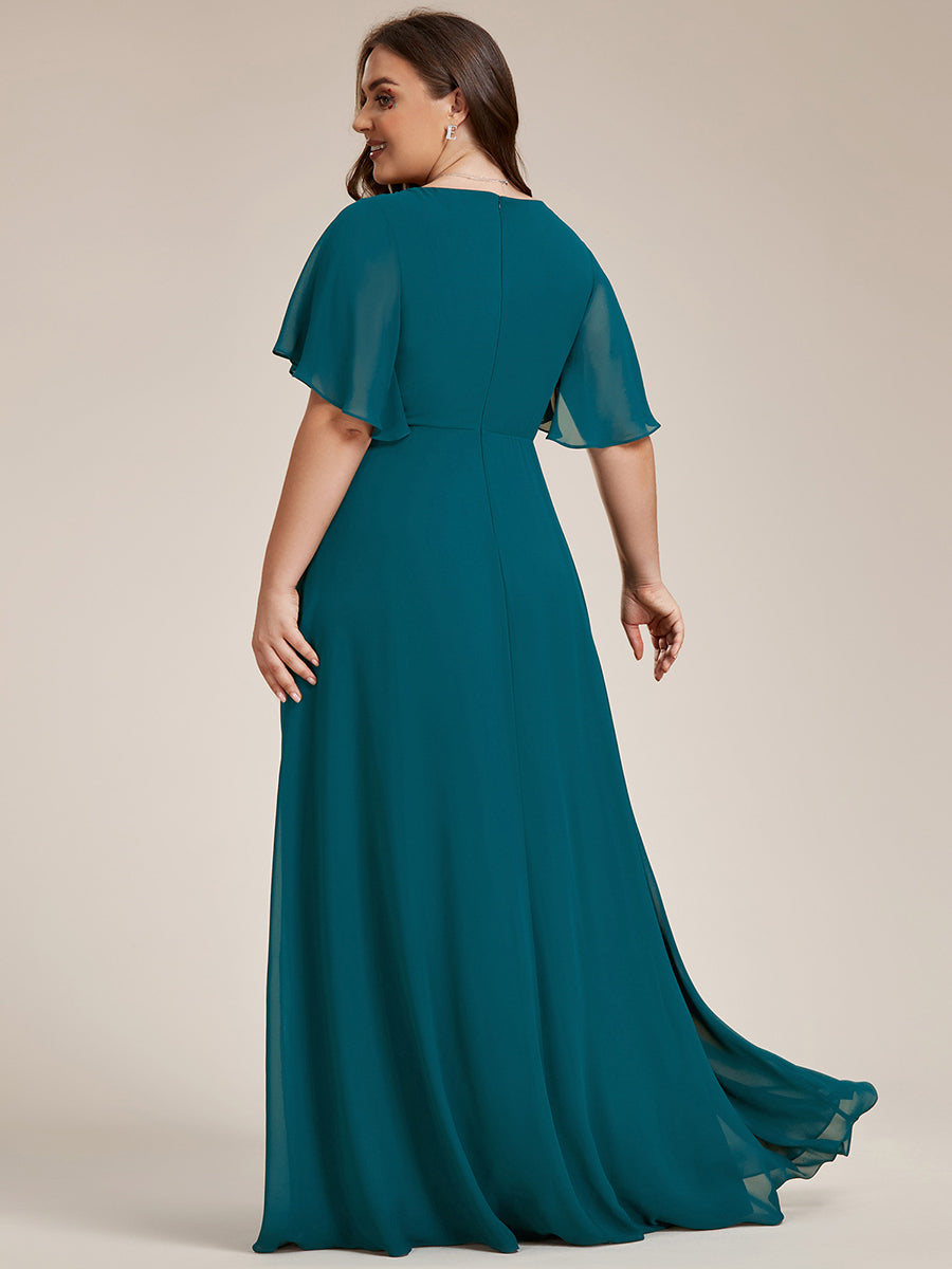 Funkelndes Abendkleid in A-Linie mit Empire-Taille und langen ?rmeln #farbe_Petrol